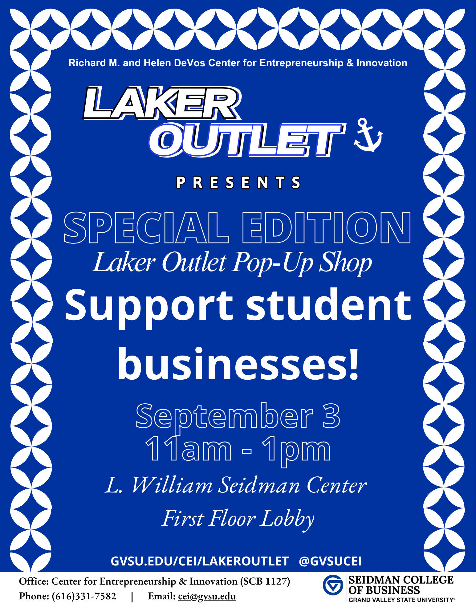 Flyer for the Special Edition Laker Outlet in Seidman on September 3 from 11am - 1pm
